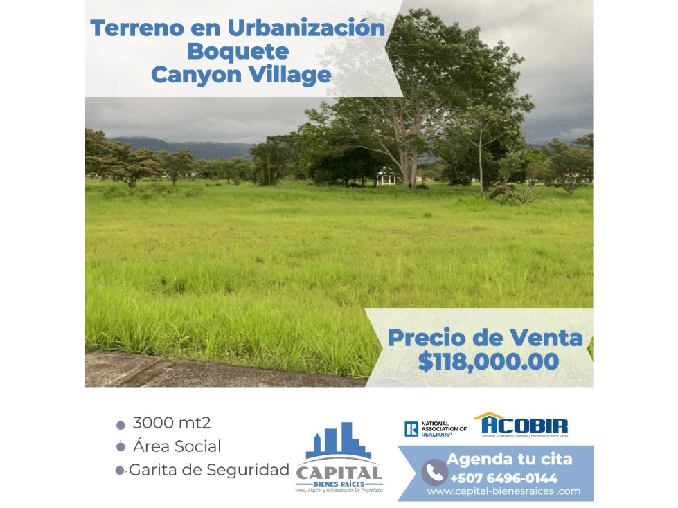 SE VENDE TERRENO EN URB. BOQUETE CANYON VILLAGE - CHIRIQUI - 1